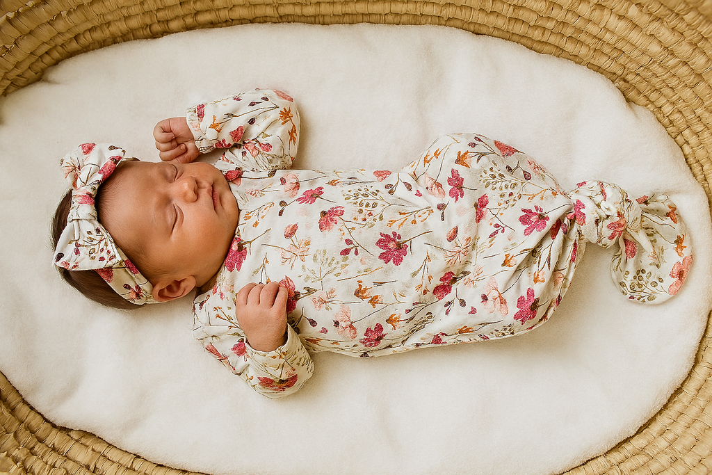 Newborn baby wrapped in a floral outfit with a matching headband, lying on a white cushion in a woven basket.