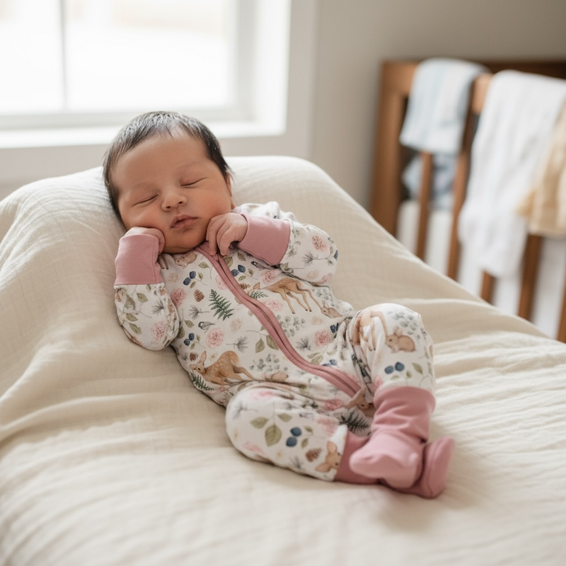 Pink Woodland Deer Bamboo Zipper Romper