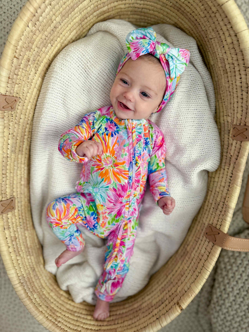 Bamboo Neon Floral Ruffle Baby Romper
