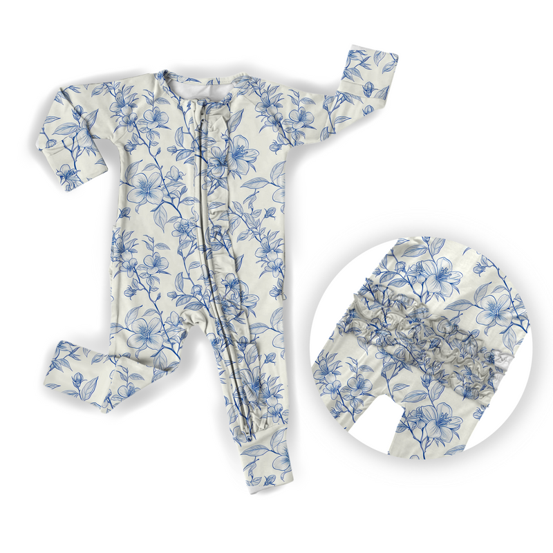 Blue Vintage Floral Ruffle Bamboo Zipper Romper